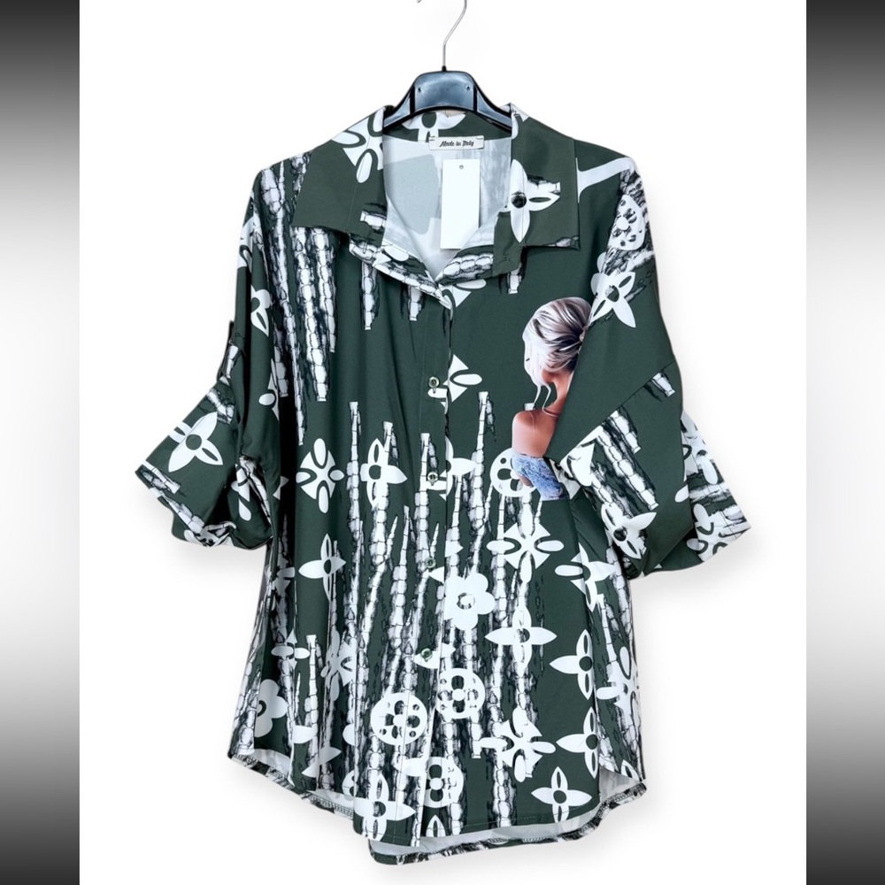 MADE IN ITALY PRINTED BUTTON DOWN TUNIC TOP